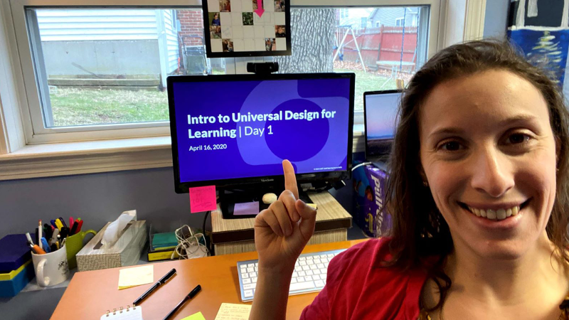 Ari Fleisher, at home showing her home office space during the first virtual UDL 101 hosted by CAST