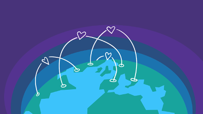 Illustration of a globe with line connections enhanced with hearts