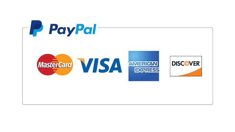 PayPal logo with Visa, Mastercard, American Express, and Discover logos