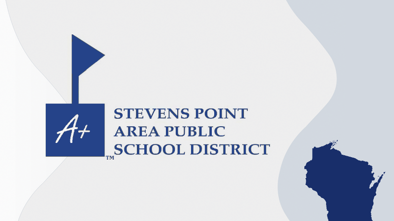 Stevens Point Area Public School District logo and a map of Wisconsin