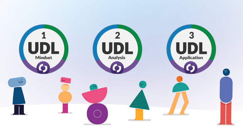 Three CAST UDL Credentials badges and abstract human-like characters with different shapes and abilities