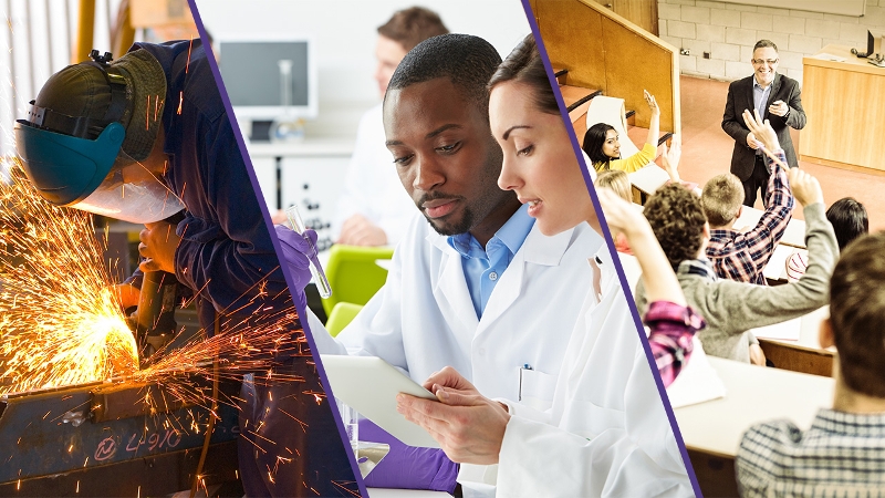 three-slice collage: a person welding, two people working in a lab, and a professor in a college classroom