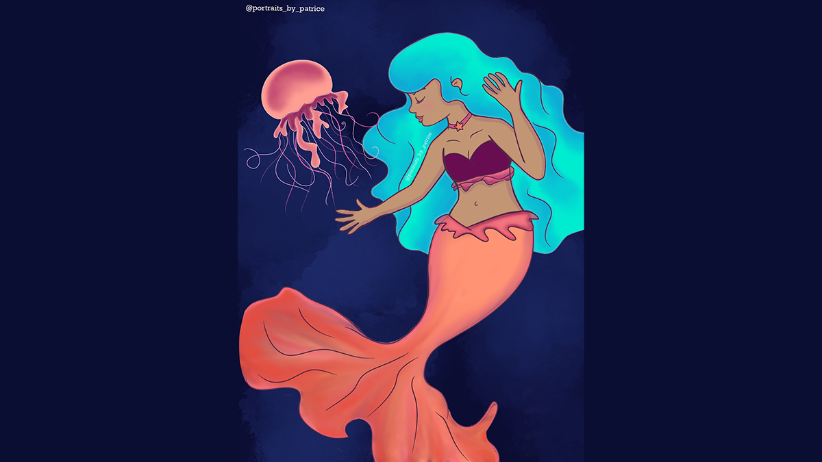 An original illustration by Patrice Morrison of a mermaid and a jellyfish