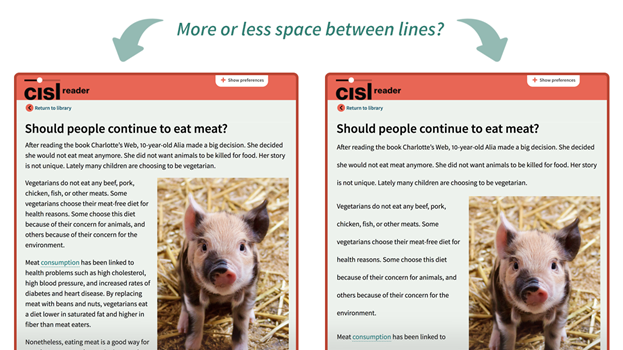 Two images of the same article within the CISL reader environment are shown side-by-side. The article in the image on the right has more space between lines of text, compared to the article in the left image. Above the two images a line of text reads “More or less space between lines?” with two arrows, one pointing to each image.
