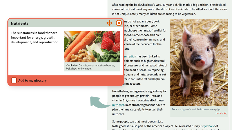 A screenshot of an article within the CISL reader environment is in the background of this image. An arrow extends from the underlined word “nutrients” in the article to a pop-up box in the foreground of the image. The box has the title “Nutrients,” a definition of the word nutrients, and a captioned image of a group of various food ingredients, including carrots, strawberries, and walnuts.