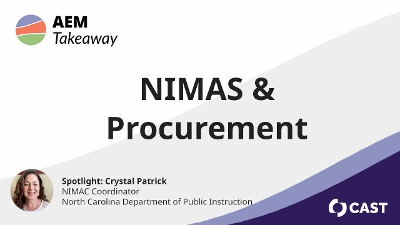 AEM Takeaway: NIMAS Procurment. Spotlight: Crystal Patrick: NIMAC Coordinator, North Carolina Department of Public Instruction