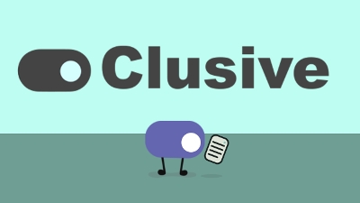 Clusive logo and the Toggle character looking at a mobile device