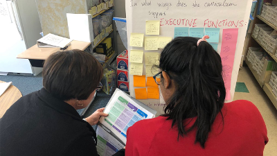 Photo of two educators looking at the UDL Guidelines and working on a sticky note activity