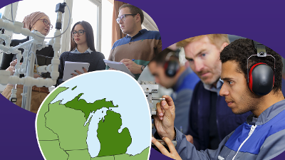 Graphic of the state of Michigan with two photos of learners and mentors in CTE environments