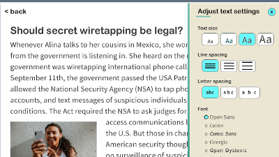 A tab for adjusting text settings including text size, line spacing, letter spacing, and font pops up over an article in a digital reading environment.