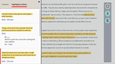 Screenshot showing highlighted text from a longer piece of writing in situ as well as pulled out in a sidebar where the reader has taken some notes related to their annotations.