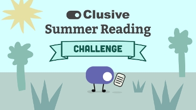 Clusive Summer Reading Challenge! Illustration of Toggle from the Clusive tool reading on a mobile device in an outdoor setting