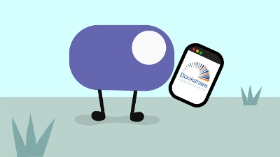 Cluey, the Clusive character, holding a tablet featuring the Bookshare logo