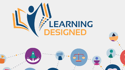 Learning Designed logo with learning icons connected with dotted lines