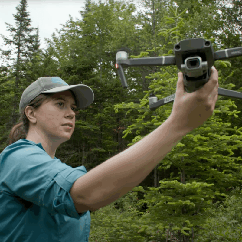young woman launching a drone in the woods