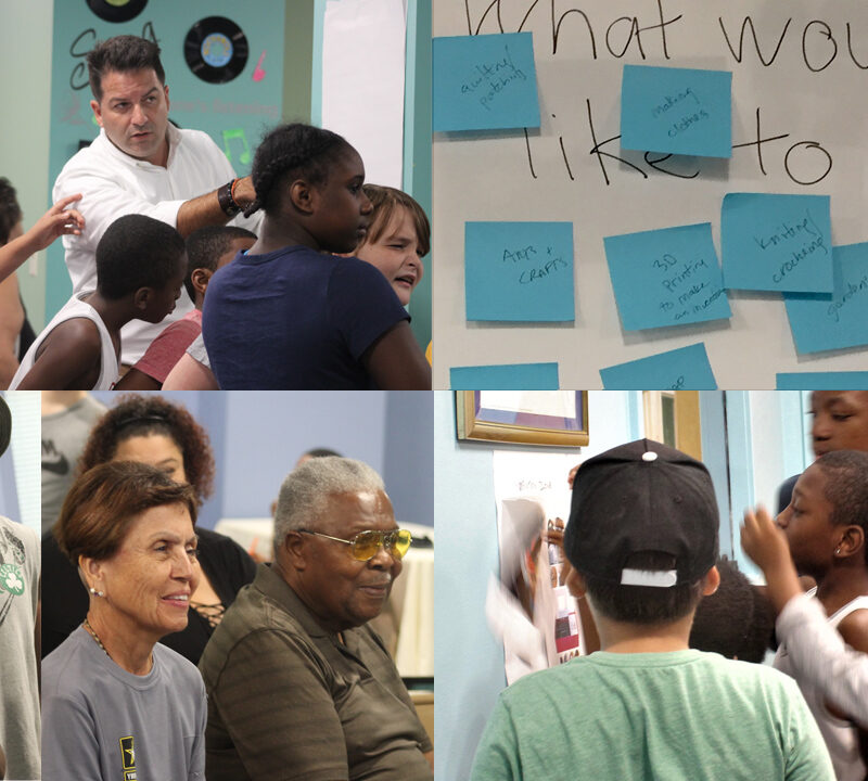 Photo collage of families doing makerspace activities together