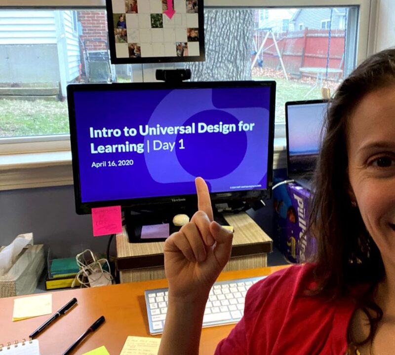 Ari Fleisher, at home showing her home office space during the first virtual UDL 101 hosted by CAST