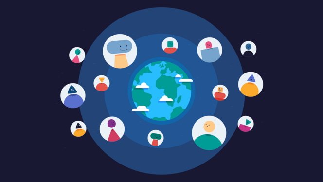 Illustration of a globe with abstract people in bubbles connecting with each other across space and time