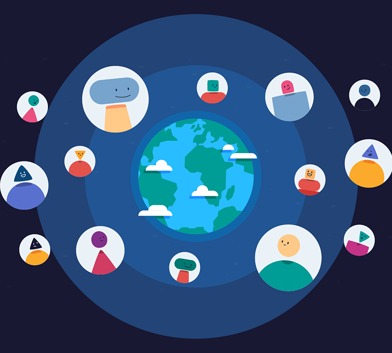 Illustration of a globe with abstract people in bubbles connecting with each other across space and time