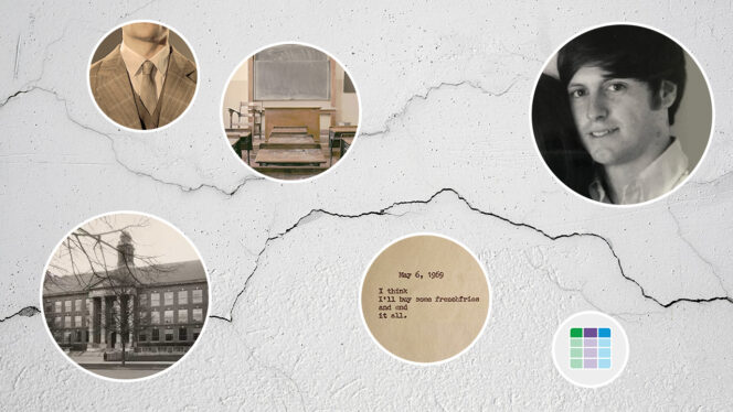 Background of a crack in concrete along with images of David Rose, the UDL Guidelines icon, and other vintage school-related items