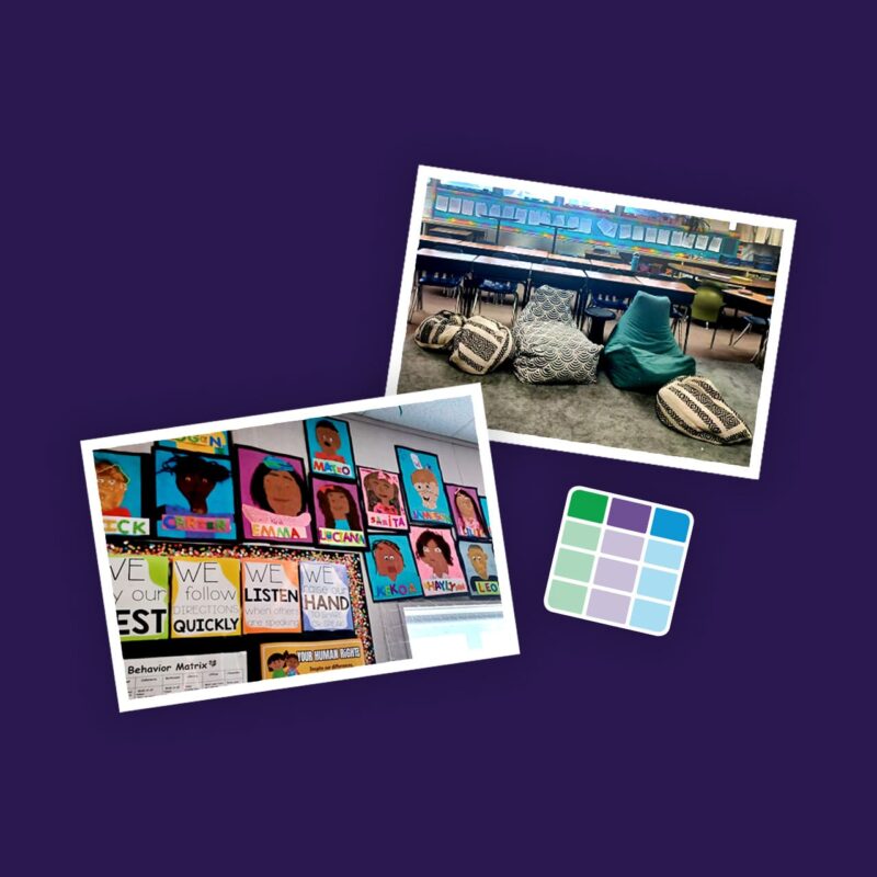 Classroom snapshots showing comfortable flexible seating and artwork by students hung on the wall