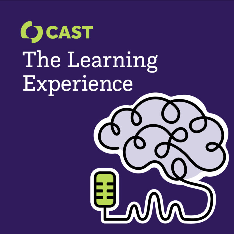 CAST: The Learning Experience, featuring logo illustration with a doodle of a brain attached to a microphone.