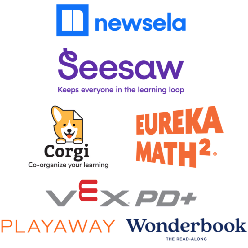 Logos: Newsela, Seesaw, Corgi, Eureka Math Squared, Vex PD+, Playaway, Wonderbook