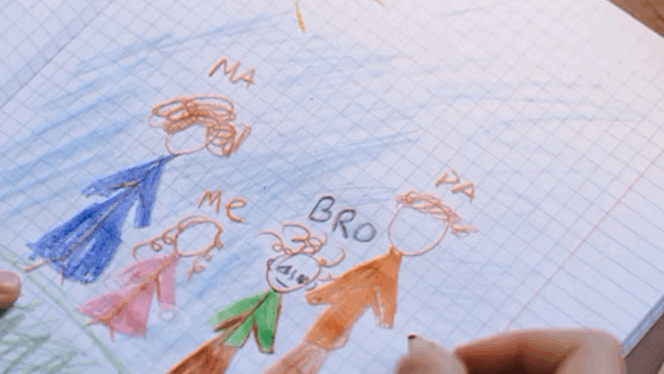 Photo of a child's hand drawing a colorful picture of their family in a notebook.