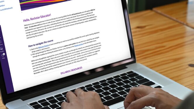 Photo of woman using laptop with a CAST Intro to UDL online course visible on the screen.