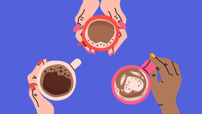 Illustration of hands holding coffee cups shown from above