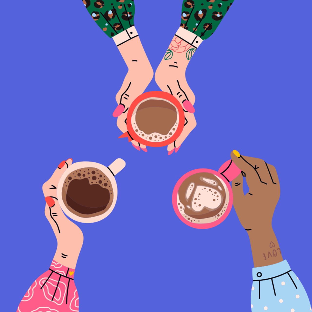 Illustration of hands holding coffee cups shown from above