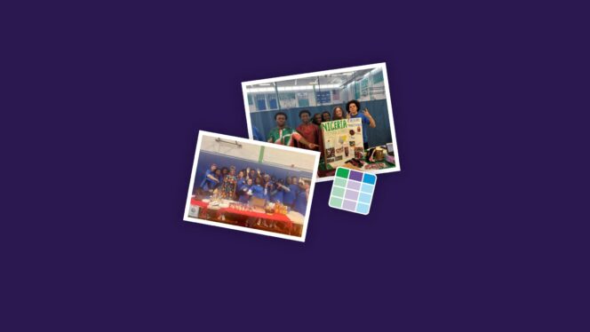 photos of groups of students gathered at school presentation tables