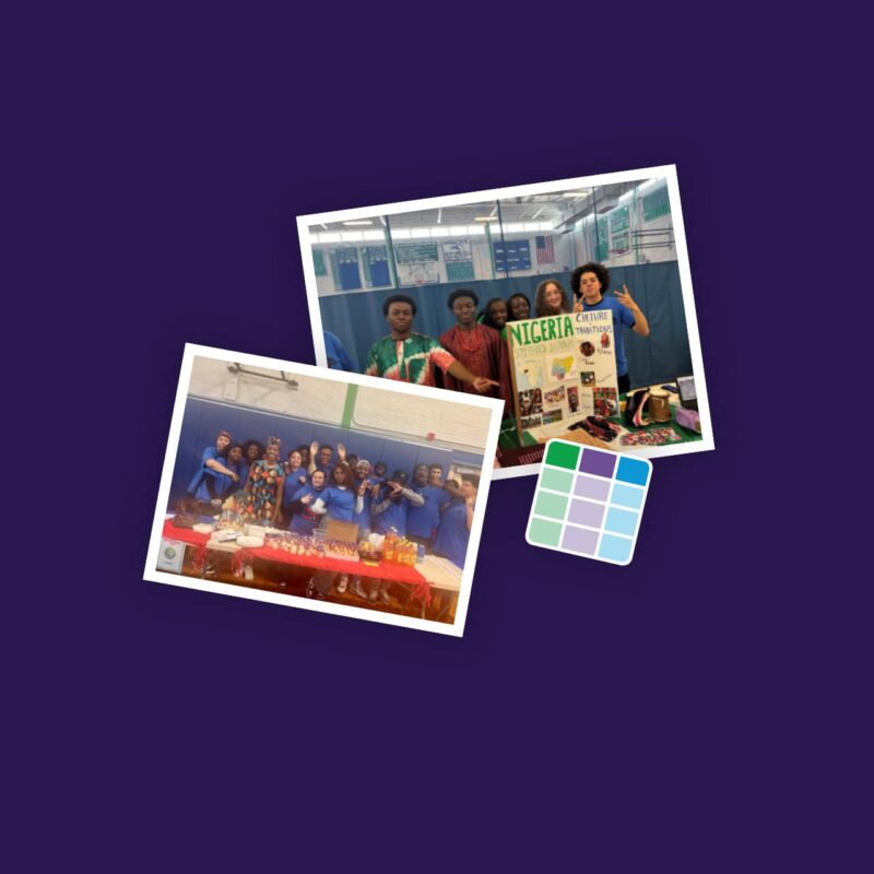 photos of groups of students gathered at school presentation tables