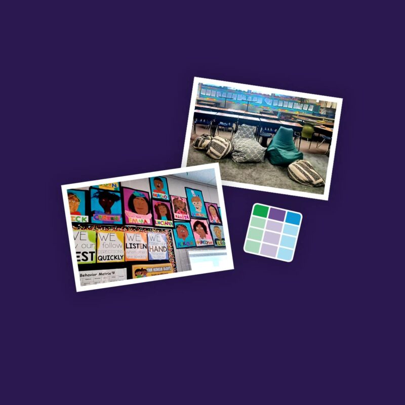 Student artwork hanging on a wall; flexible and comfortable seating options.