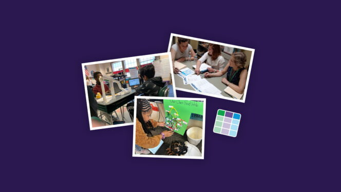 Photographs of collaborating teachers, and student pairs engaged in inquiry science.