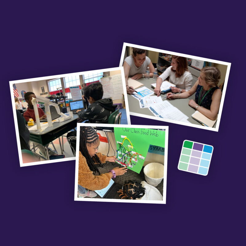 Photographs of collaborating teachers, and student pairs engaged in inquiry science.