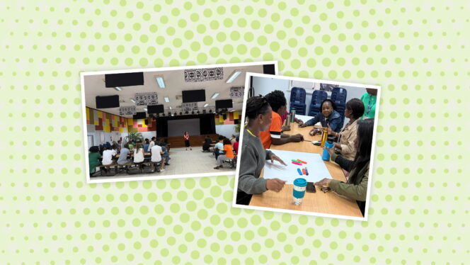 Two photographs of CAST professional learning - one a speaker in front of an audience and one a group working at a table together.