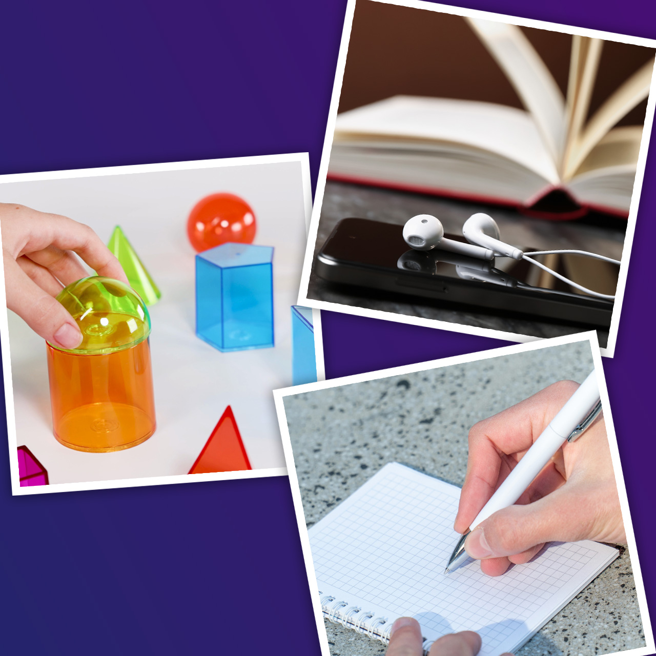 collage of colorful math manipulatives, a graph paper notebook, and headphones on a phone with a book in the background