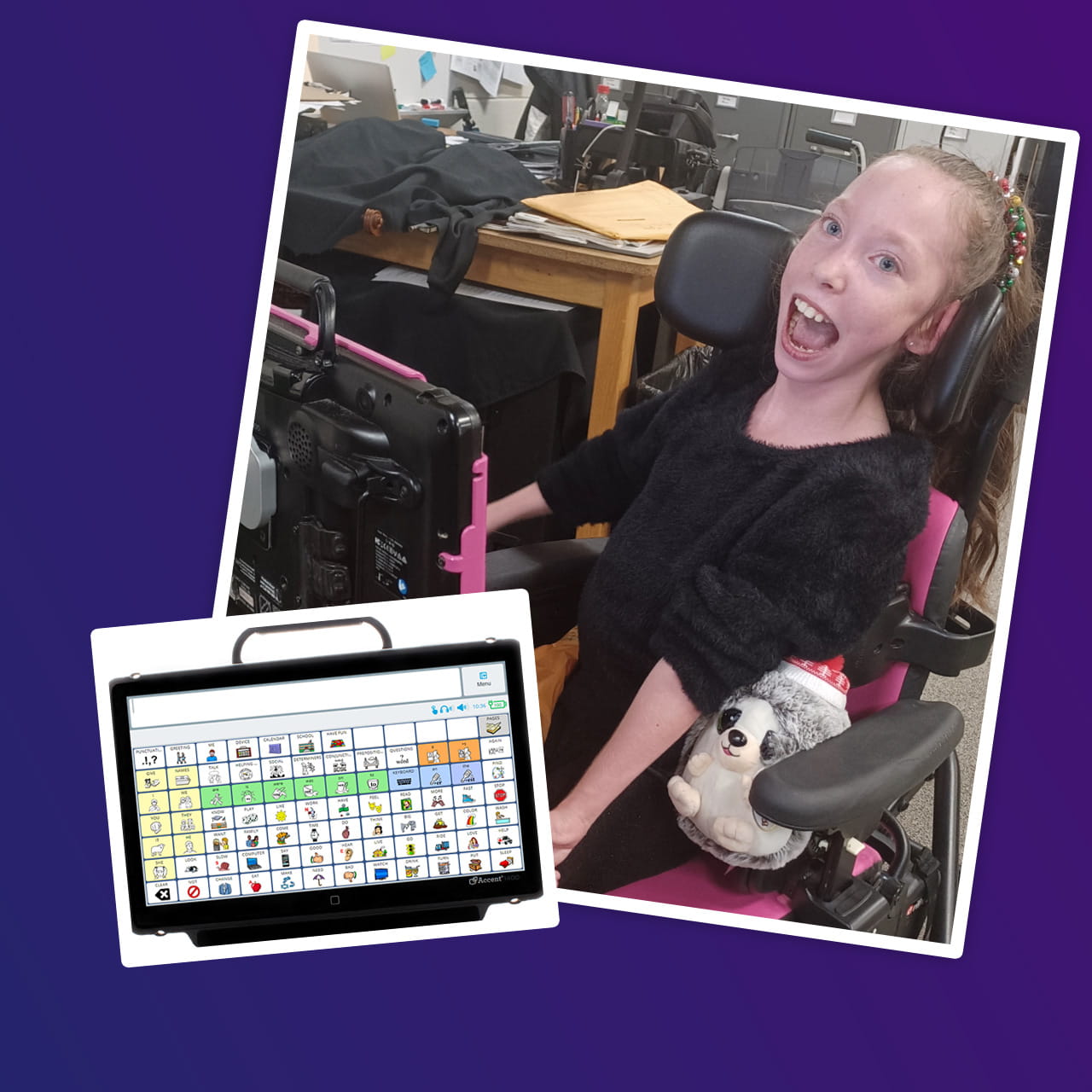 a photo of laila smiling next to a close up of an AAC device screen